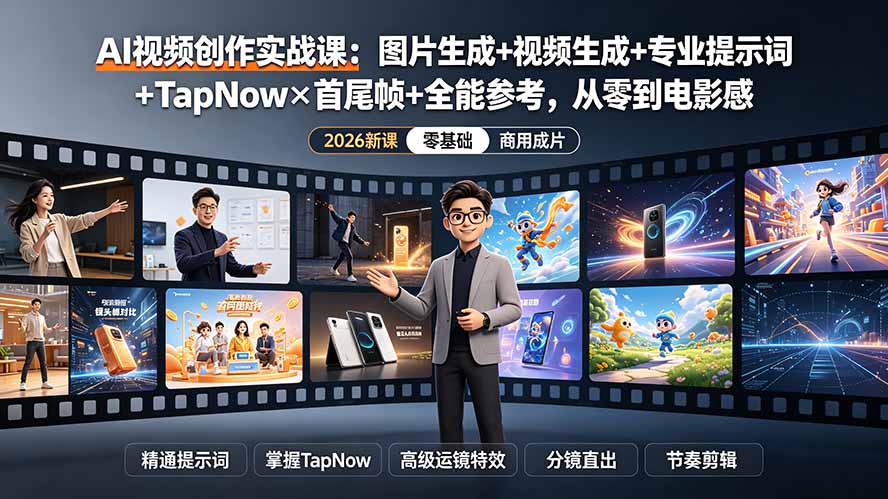AI视频创作实战课：图片生成+视频生成+专业提示词+TapNow×首尾帧+全能参考，从零到电影感成片-极客网创