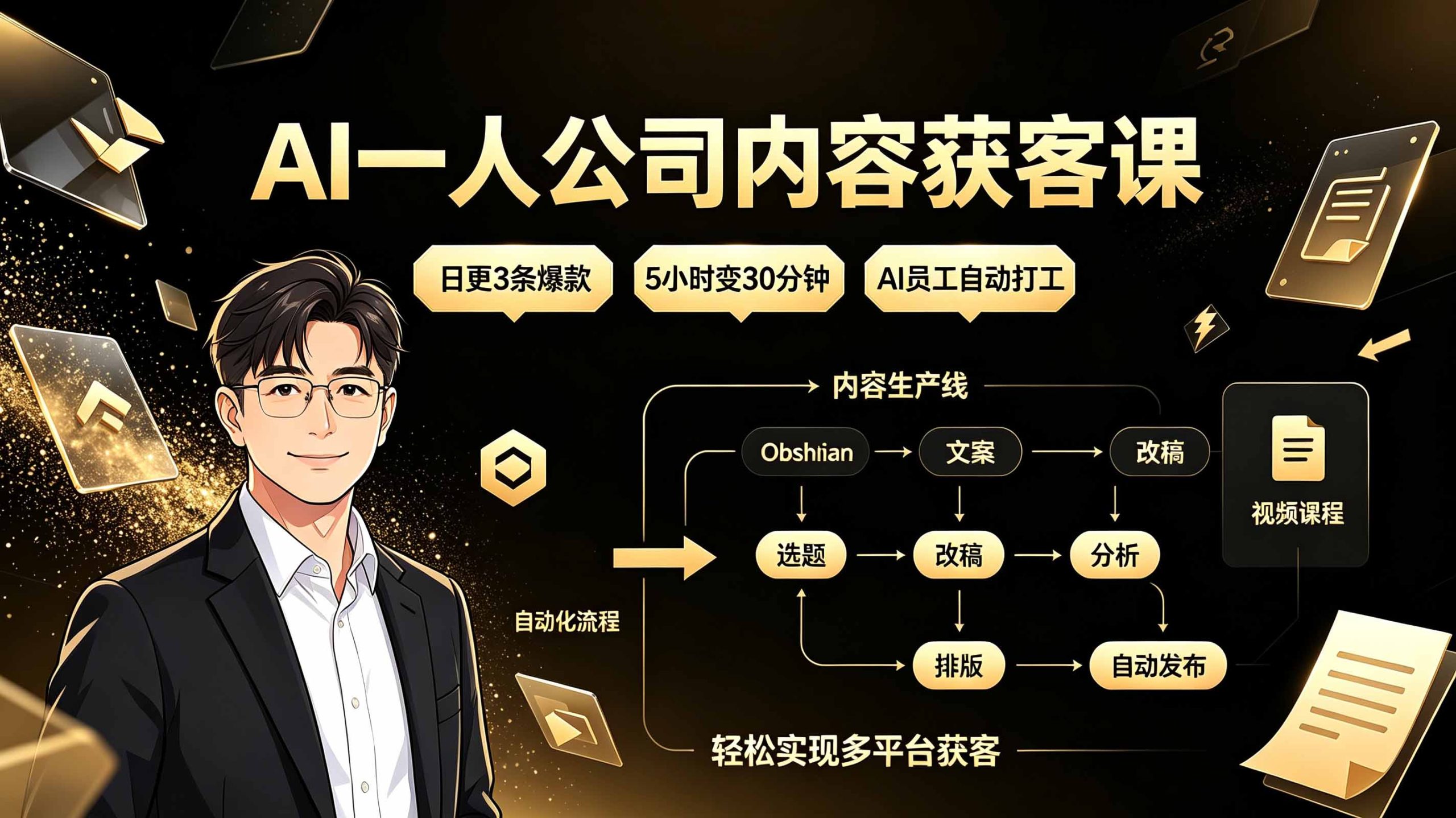 AI一人公司内容获客课：日更3条爆款×5小时变30分钟×AI员工自动打工，轻松实现多平台获客-极客网创