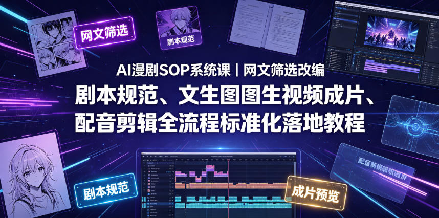 AI漫剧SOP系统课｜网文筛选改编、剧本规范、文生图图生视频成片、配音剪辑全流程标准化落地教程(更新)-极客网创