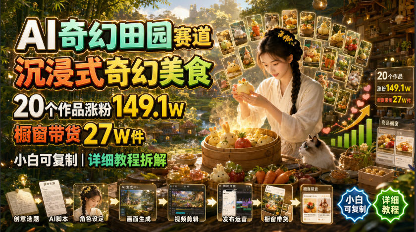 AI奇幻田园赛道，沉浸式奇幻美食，20个作品涨粉149.1W，橱窗带货27W件，小白可复制，详细教程拆解-极客网创