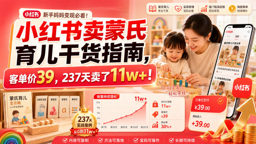 小红书卖蒙氏育儿干货指南，客单价39，237天卖了11w+！-极客网创