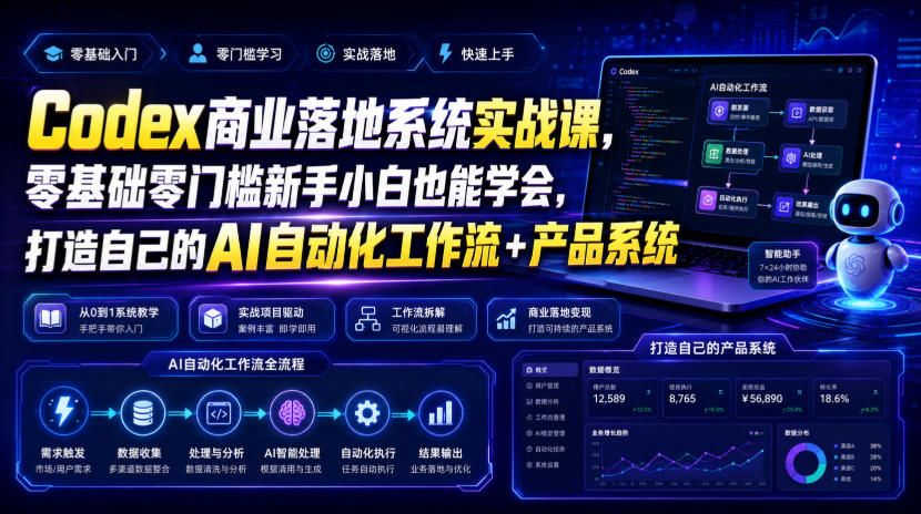 Codex商业落地系统实战课，零基础零门槛新手小白也能学会，打造自己的AI自动化工作流+产品系统-极客网创