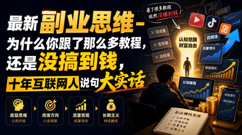 最新副业思维-为什么你跟了那么多教程,还是没搞到钱,十年互联网人说句大实话【揭秘】-极客网创