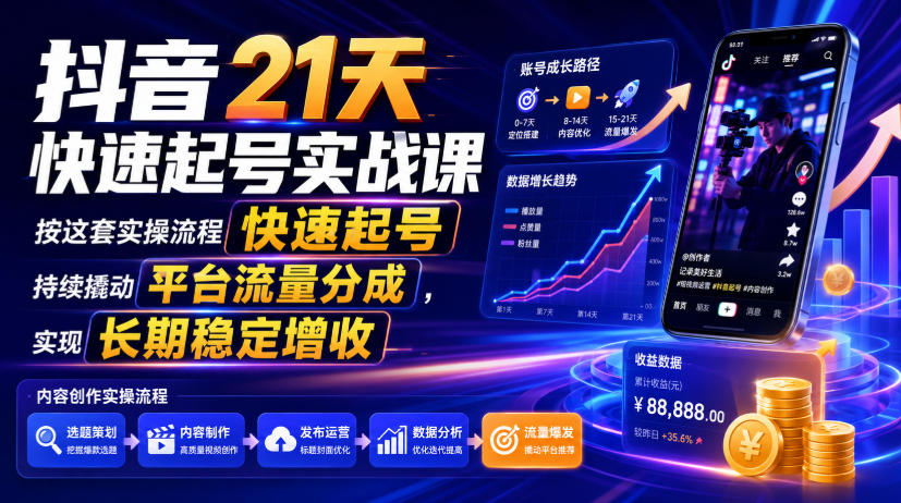 抖音21天快速起号实战课，按这套实操流程快速起号，持续撬动平台流量分成，实现长期稳定增收-极客网创