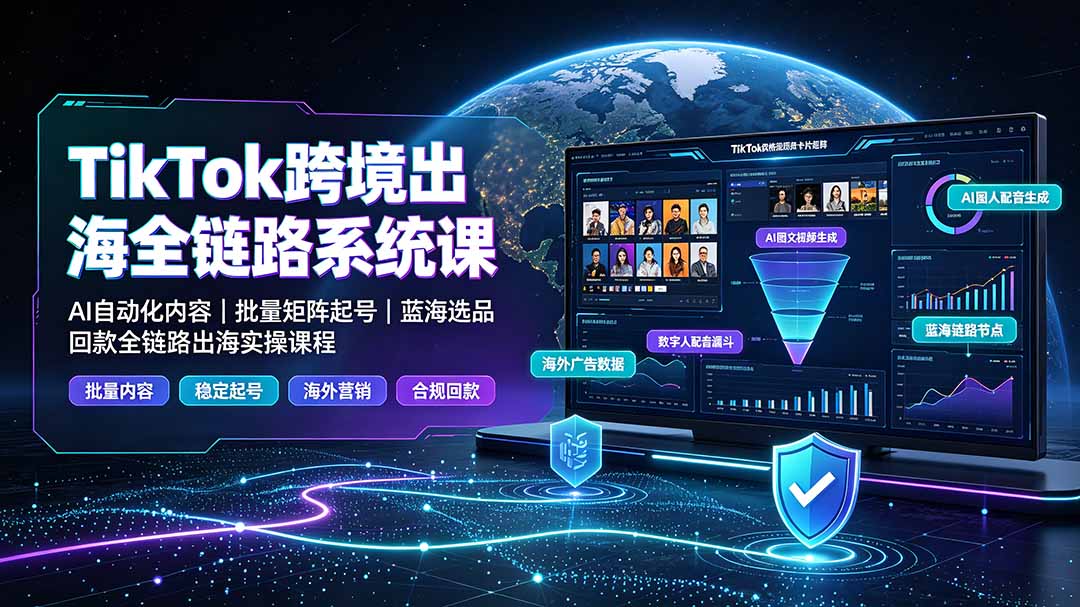 TikTok跨境出海全链路系统课-2026年7月：AI自动化内容｜批量矩阵起号｜蓝海选品回款全链路出海实操课程-极客网创