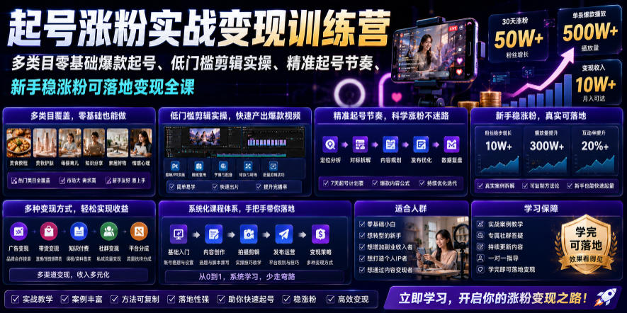 苗子起号涨粉实战变现训练营，多类目零基础爆款起号、精准起号节奏、新手稳涨粉可落地变现全课(更新0719)-极客网创
