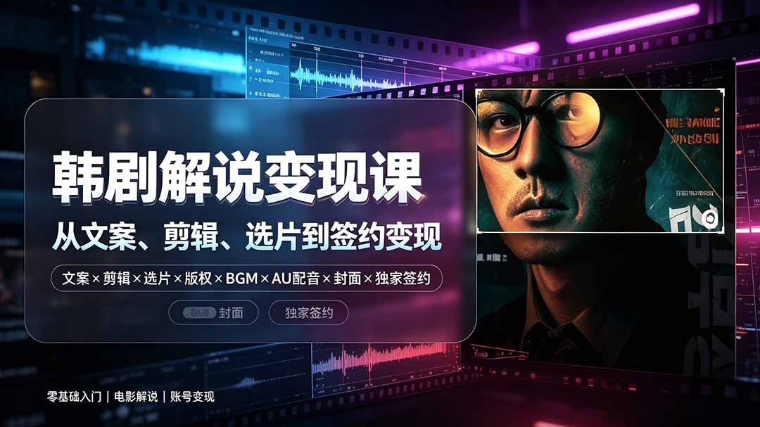 抖音270W粉丝博主亲授韩剧解说课：文案×剪辑×选片×版权×BGM×AU配音×封面×独家签约，零基础到变现-极客网创