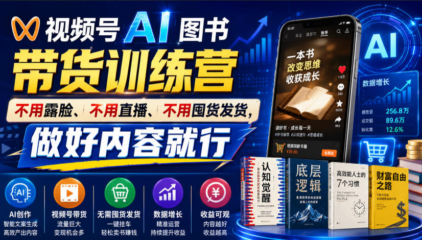 视频号AI图书带货训练营,不用露脸、不用直播、不用囤货发货,做好内容就行,一条爆款视频佣金8942-极客网创