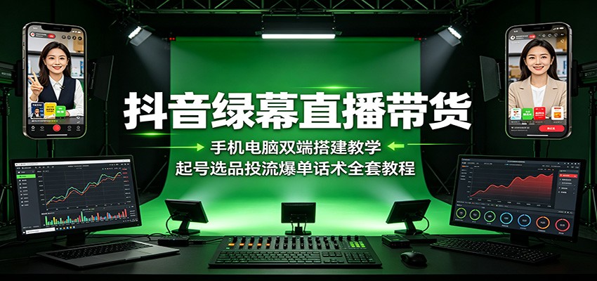 抖音绿幕直播带货：手机电脑双端搭建教学，起号选品投流爆单话术全套教程-极客网创