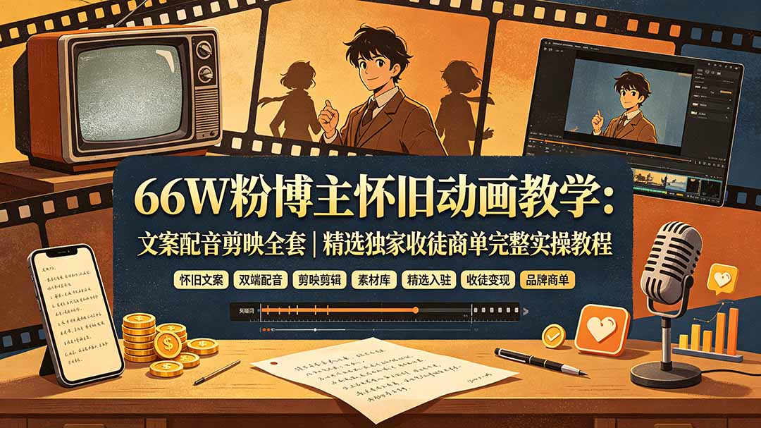 66W粉博主怀旧动画教学：文案配音剪映全套｜精选独家收徒商单完整实操教程-极客网创