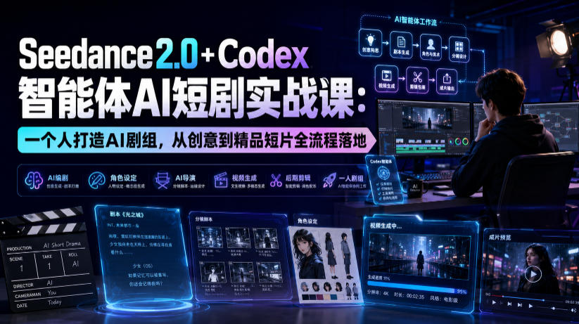 Seedance2.0+Codex智能体AI短剧实战课：一个人打造AI剧组，从创意到精品短片全流程-极客网创