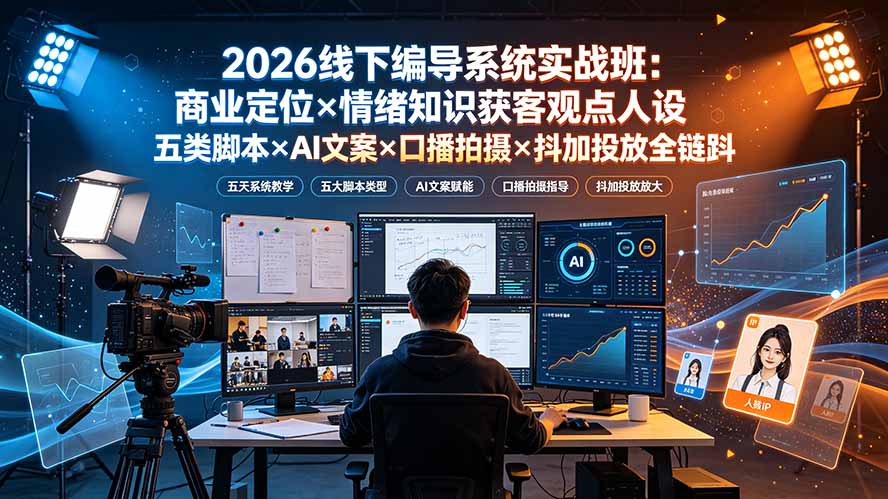 2026线下编导系统实战班：商业定位×情绪知识获客观点人设五类脚本×AI文案×口播拍摄×抖加投放全链路-极客网创
