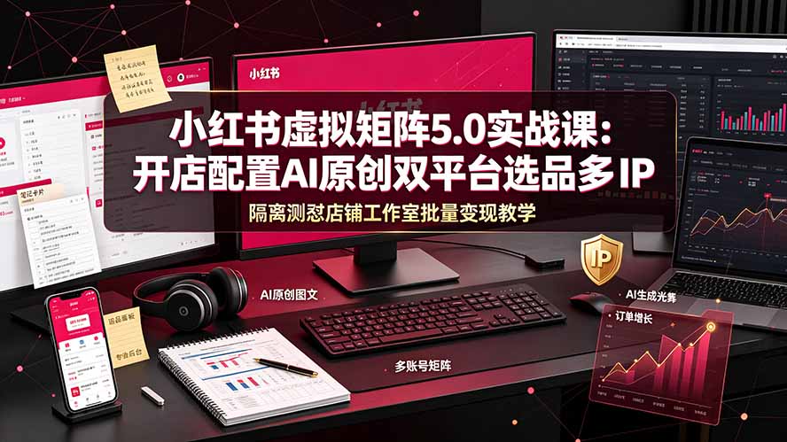 小红书虚拟矩阵5.0实战课：开店配置｜AI原创｜双平台选品｜多IP隔离｜测怼店铺工作室批量变现实操教学-极客网创