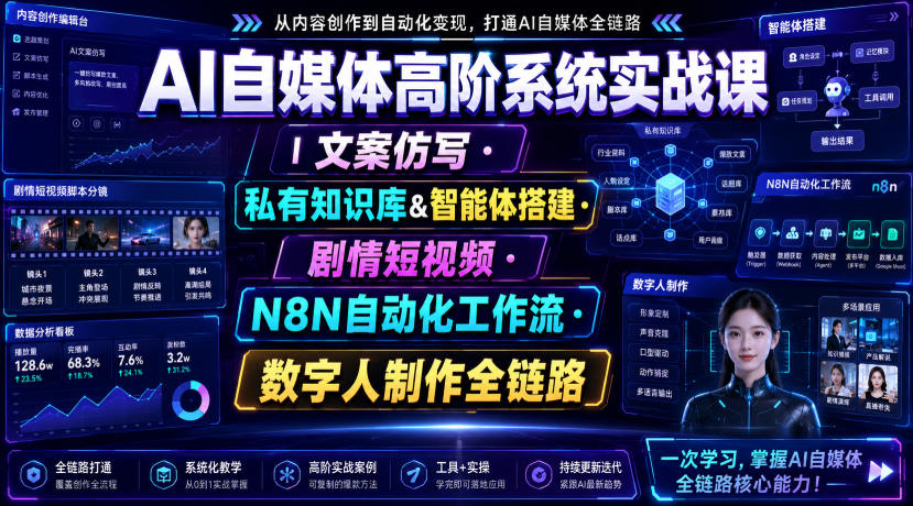 AI自媒体高阶系统实战课|文案仿写・私有知识库&智能体搭建・剧情短视频・N8N自动化工作流・数字人制作全链路-极客网创