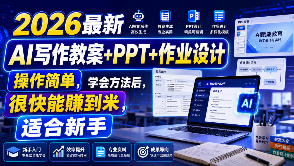 2026最新AI写作教案+PPT+作业设计,操作简单,学会方法后,很快能賺到米,适合新手-极客网创