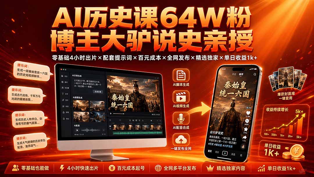 AI历史课64W粉博主大驴说史亲授:零基础4小时出片×配套提示词×百元成本×全网发布×精选独家×单日收益1k+-极客网创