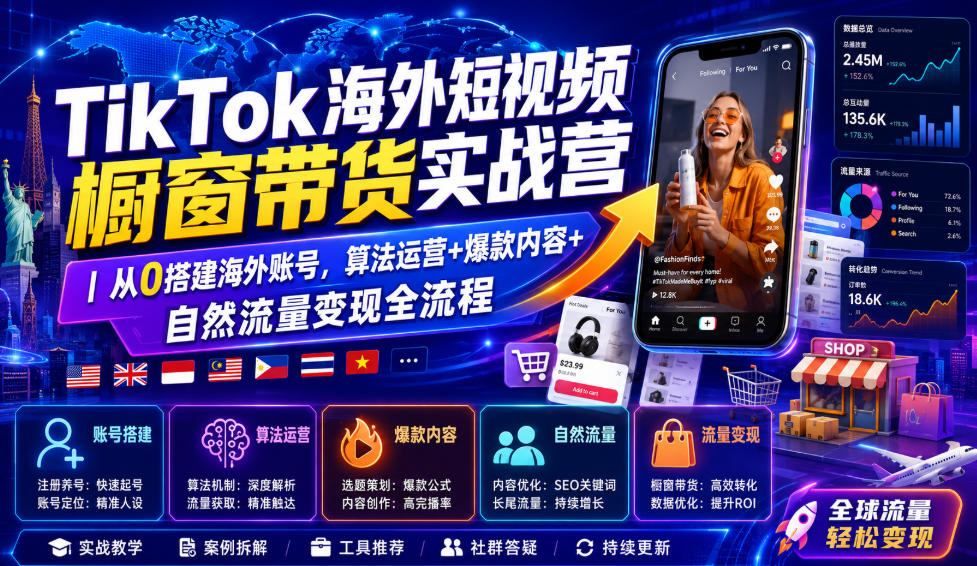 TikTok海外短视频橱窗带货实战营｜从0搭建海外账号，算法运营+爆款内容+自然流量变现全流程-极客网创