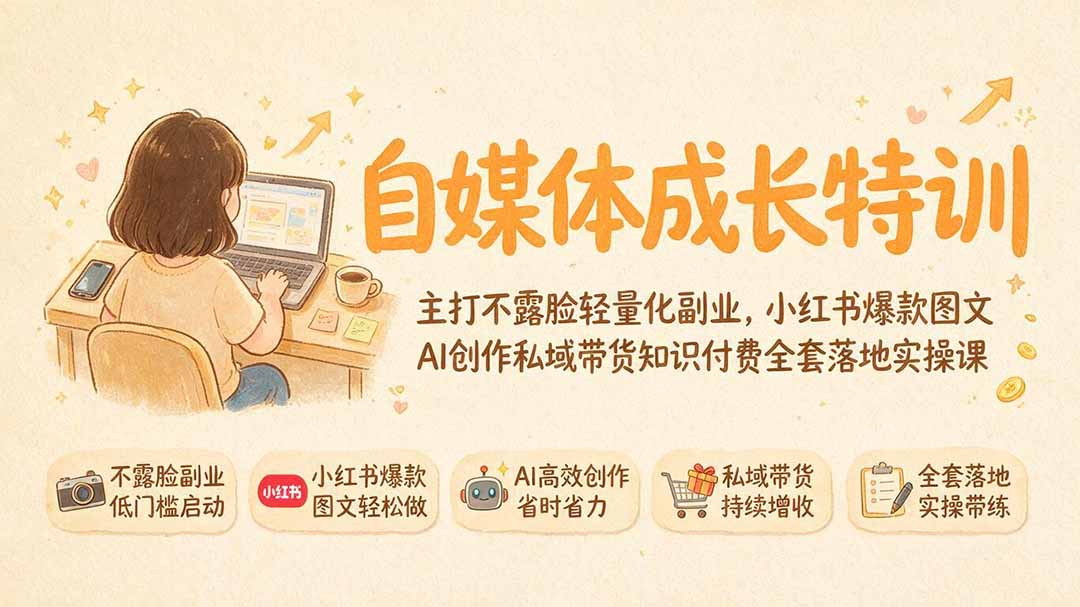 自媒体成长特训｜主打不露脸轻量化副业，小红书爆款图文AI创作私域带货知识付费全套落地实操课-极客网创