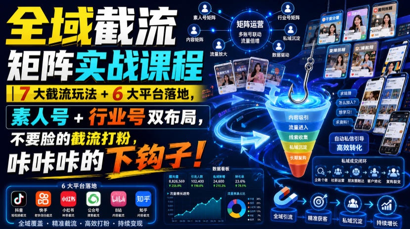 全域截流矩阵实战课程|7大截流玩法+6大平台落地,素人号+行业号双布局,不要脸的截流打粉,咔咔咔的下钩子!-极客网创