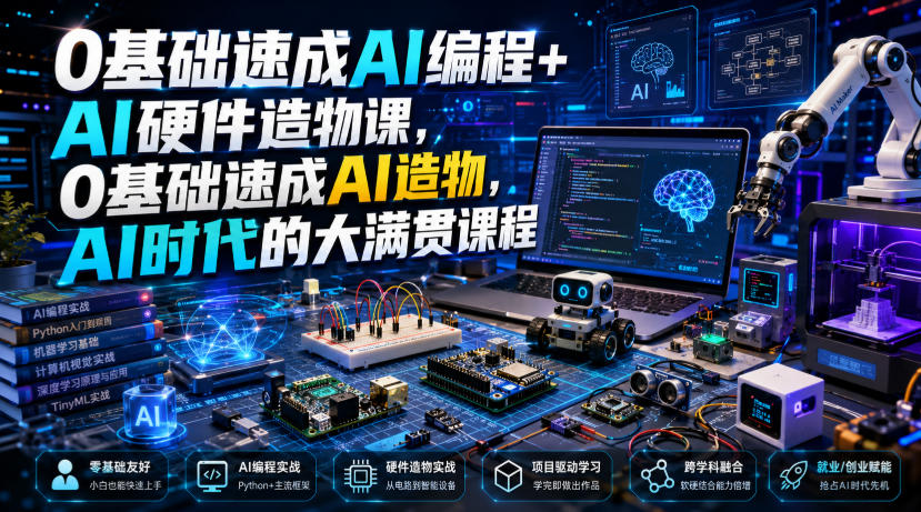 0基础速成AI编程+AI硬件造物课,0基础速成AI造物,AI时代的大满贯课程-极客网创