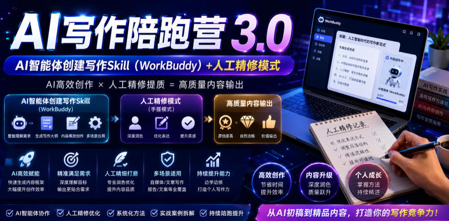 AI写作陪跑营3.0,Ai智能体创建写作skill(workbuddy)+人工手写模式(手搓模式),去除AI痕迹(头条号、公众号、百家号)(更新0730)-极客网创