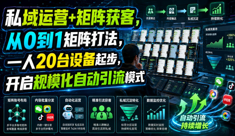 私域运营+矩阵获客,从0到1矩阵打法,一人20台设备起步,开启规模化自动引流模式!-极客网创