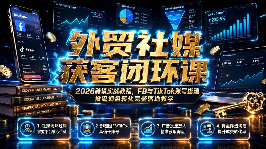 外贸社媒获客闭环课|2026跨境实战教程,FB与TikTok账号搭建投流询盘转化完整落地教学-极客网创