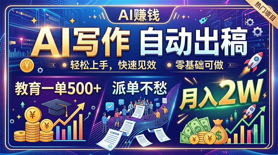 AI写作自动出稿,教育一单500+,派单不愁,月入2W-极客网创