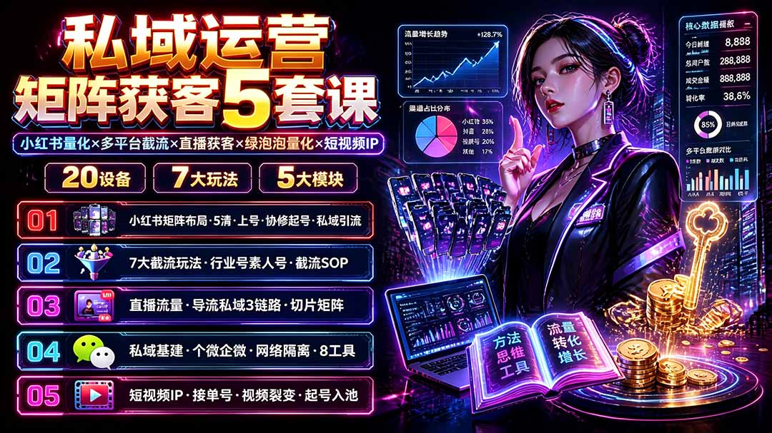 私域运营矩阵获客5套课:小红书量化×多平台截流×直播获客×绿泡泡量化×短视频IP×20设备×7大玩法-极客网创