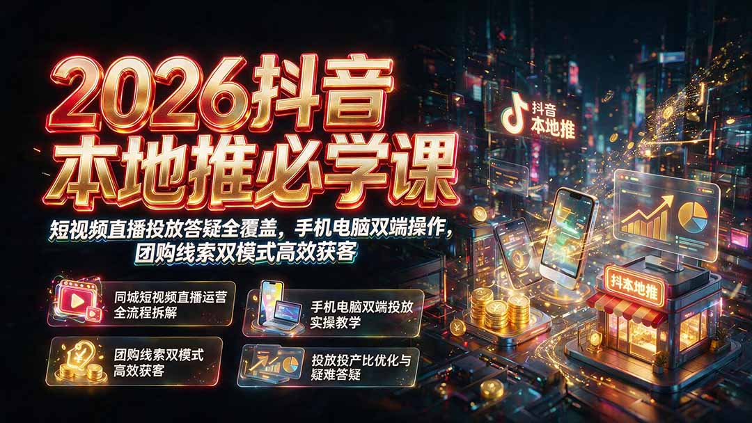 2026抖音本地推必学课|短视频直播投放答疑全覆盖,手机电脑双端操作,团购线索双模式高效获客-极客网创