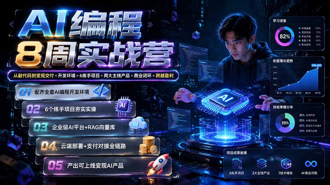 AI编程8周实战营：从敲代码到变现交付×开发环境×6练手项目×两大主线产品×商业闭环×跨越盈利-极客网创