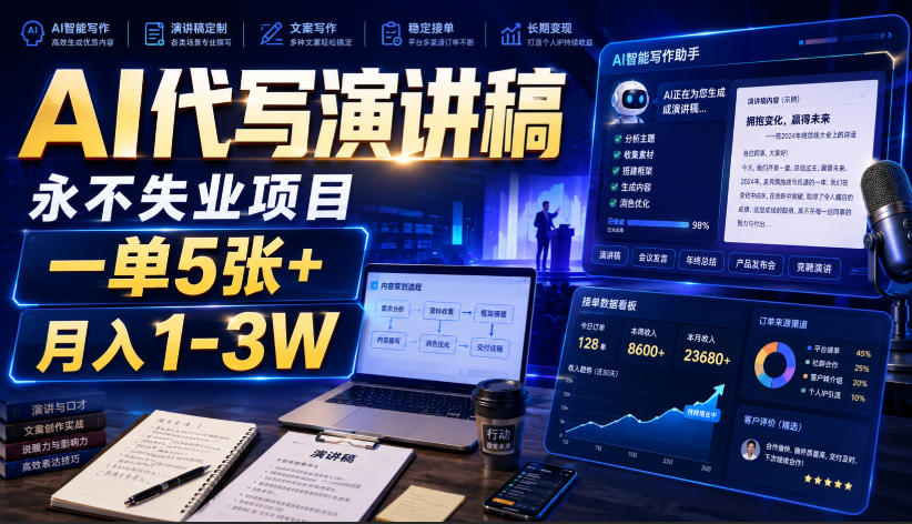 AI代写演讲稿，永不失业项目，一单5张+，月入1-3W【揭秘】-极客网创