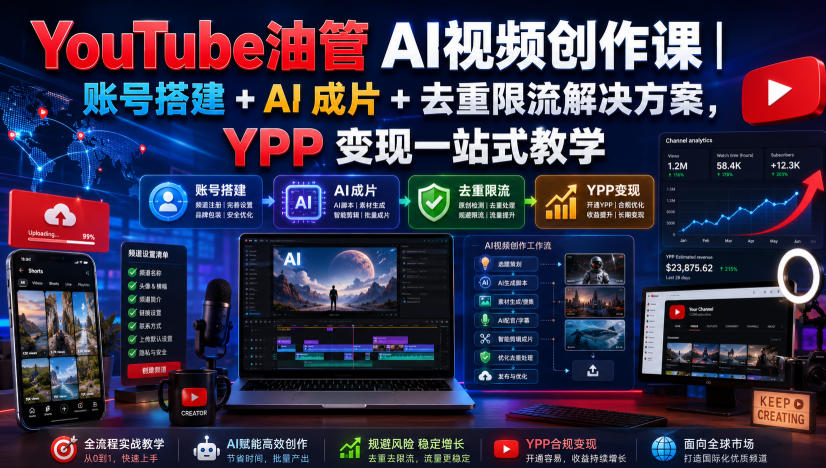 YouTube油管AI视频创作课|账号搭建+AI成片+去重限流解决方案,YPP变现一站式教学