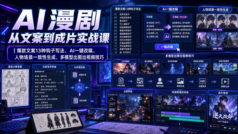 AI漫剧从文案到成片实战课｜爆款文案13种钩子写法、AI一键改稿、人物场景一致性生成、多模型出图出视频技巧-极客网创