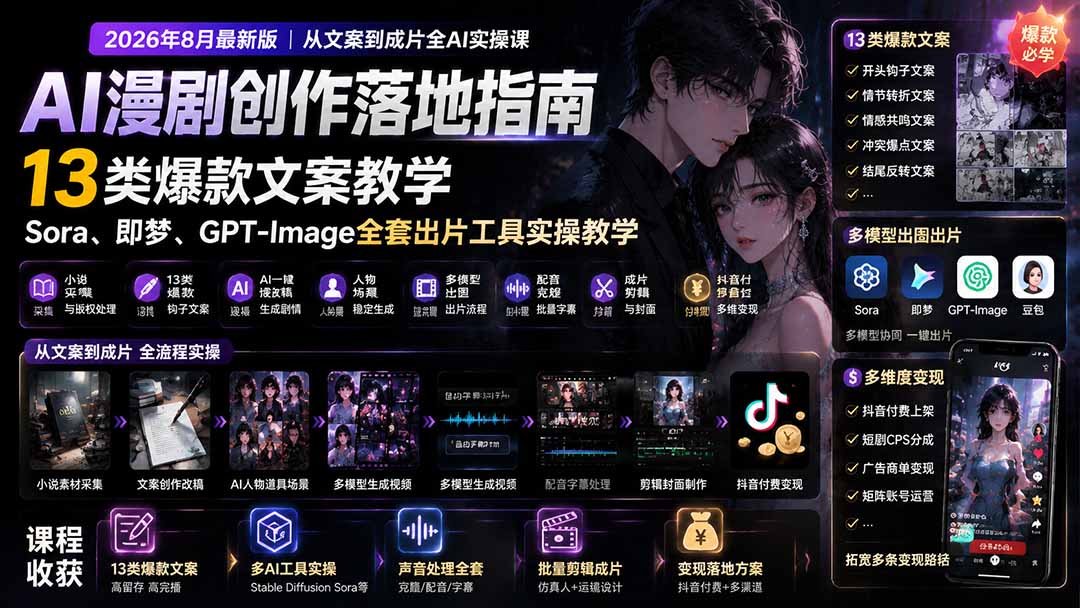 AI漫剧创作落地指南|13类爆款文案教学,Sora、即梦、GPT-Image全套出片工具实操教学-极客网创