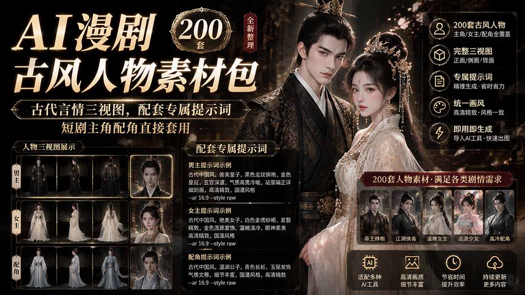 AI漫剧古风人物素材包+提示词｜200 套古代言情三视图，配套专属提示词短剧主角配角直接套用-极客网创