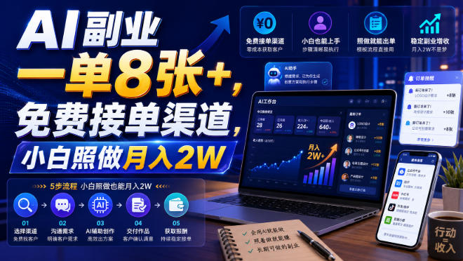 AI副业一单8张+，免费接单渠道，小白照做月入2W【揭秘】-极客网创