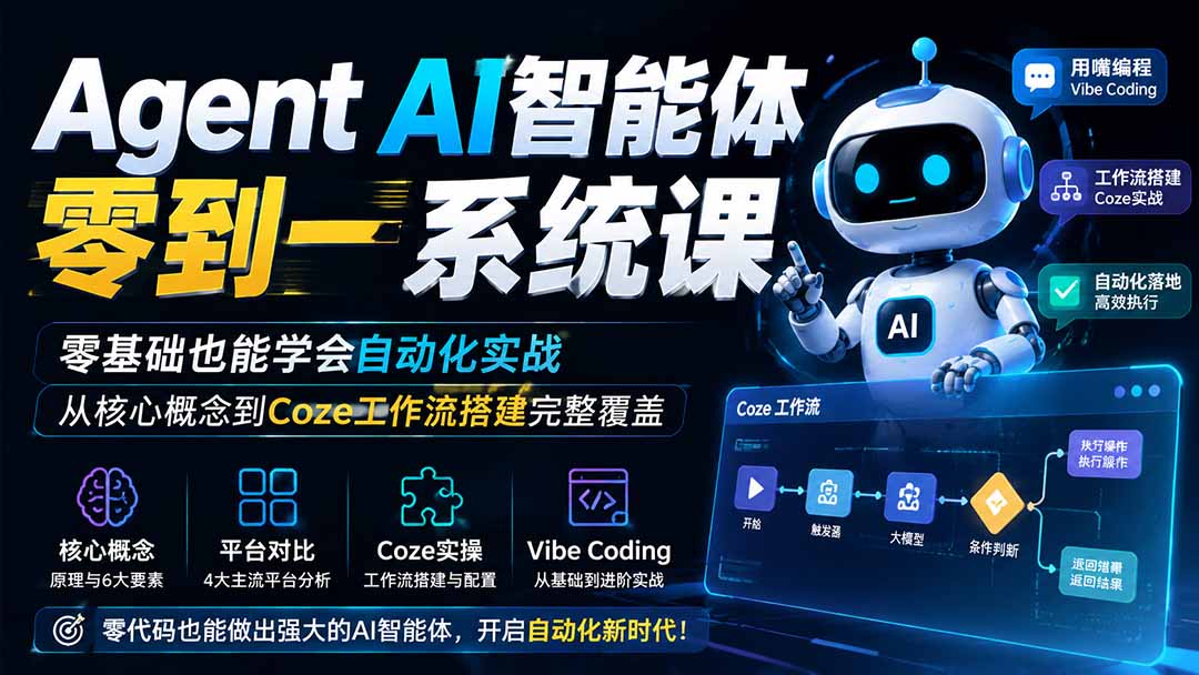 Agent AI智能体零到一系统课；零基础也能学会自动化实战，从核心概念到Coze工作流搭建完整覆盖-极客网创