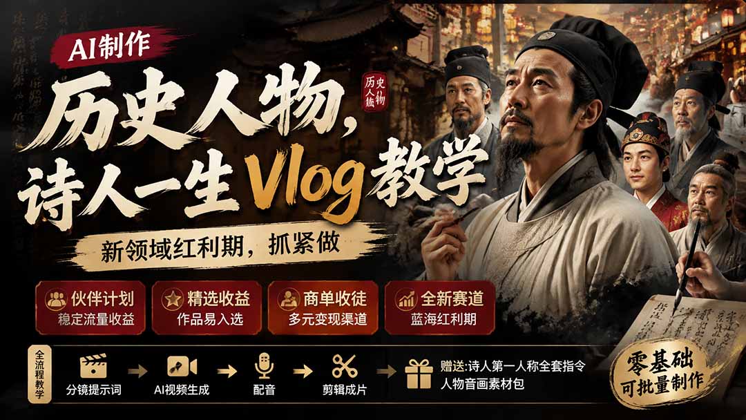历史人物，诗人一生Vlog教学， AI制作丨伙伴计划丨精选收益丨商单收徒 ，新领域红利期，抓紧做-极客网创
