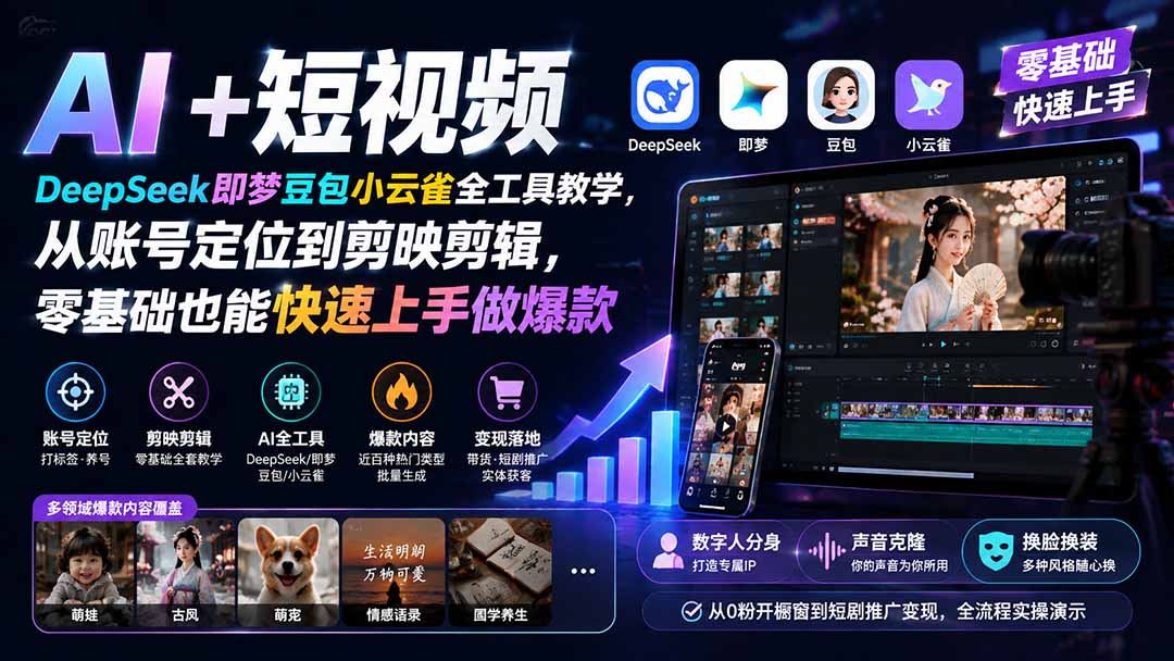 AI+短视频｜DeepSeek即梦豆包小云雀全工具教学，从账号定位到剪映剪辑，零基础也能快速上手做爆款-极客网创