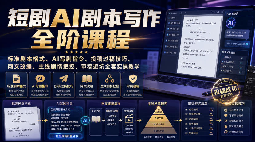 短剧AI剧本写作全阶课程｜标准剧本格式、AI写剧指令、投稿过稿技巧、网文改编、主线剧情把控、审稿避坑全套实操教学-极客网创
