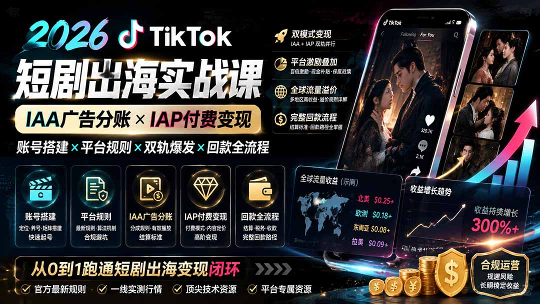 2026TikTok短剧出海实战课：IAA广告分账×IAP付费变现×账号搭建×平台规则×双轨爆发×回款全流程-极客网创