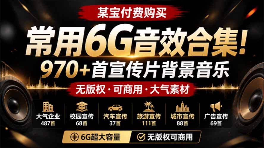 某宝付费购买，常用6G音效合集！970+首宣传片背景音乐，无版权可商用大气素材，分类清晰，高质量内容-极客网创