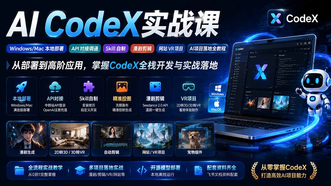 AI  CodeX实战课｜Windows/Mac 本地部署｜API 对接调通｜Skill 自制｜漫剧剪辑｜网站 VR 项目｜AI项目落地全教程-极客网创