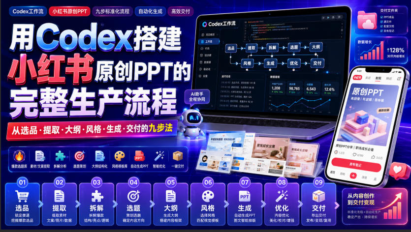 用Codex搭建小红书原创PPT的完整生产流程，从选品·提取·大纲·风格·生成·交付的九步法-极客网创