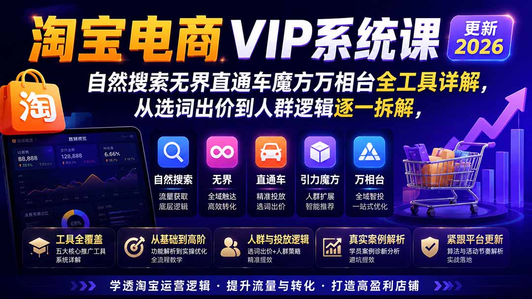 淘宝电商VIP系统课-更新8月;自然搜索无界直通车魔方万相台全工具详解,从选词出价到人群逻辑逐一拆解-极客网创
