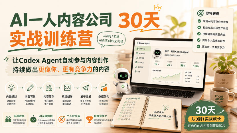 AI一人内容公司30天实战训练营，让Codex Agent自动参与内容创作持续做出更像你、更有竞争力的内容-极客网创