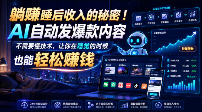 躺賺睡后收入的秘密!AI自动发爆款内容,不需要懂技术,让你在睡觉的时候也能轻松賺钱【原创双语字幕】-极客网创