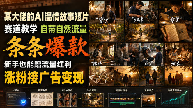 某大佬的AI温情故事短片赛道教学,自带自然流量,条条爆款,新手也能蹭流量红利,涨粉接广告变现-极客网创