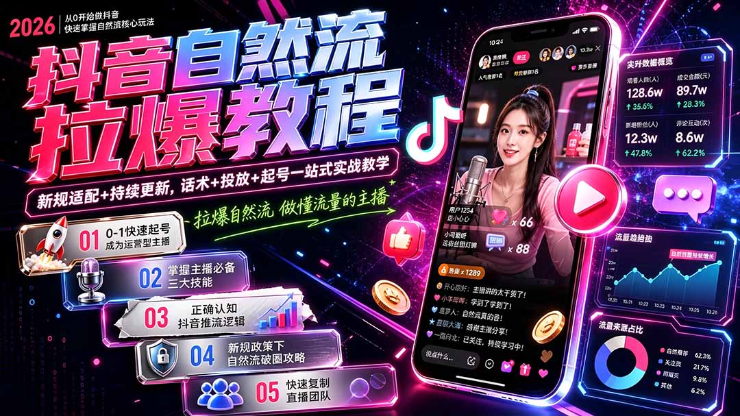 抖音自然流拉爆教程-更新8月：做懂流量的主播，新规适配+持续更新，话术+投放+起号一站式实战教学-极客网创